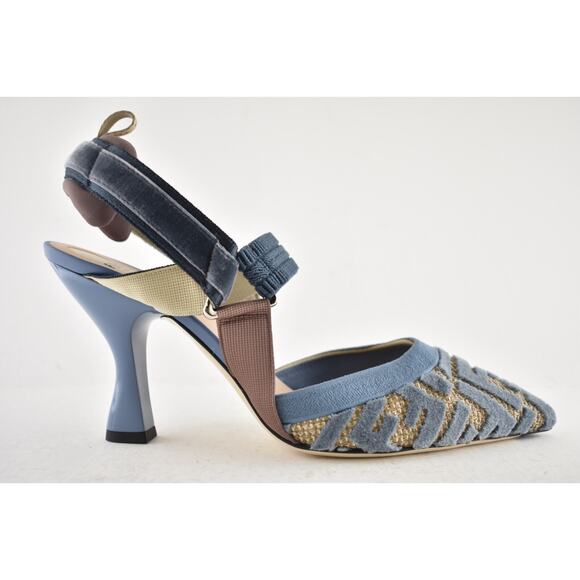 Fendi Colibri Lite 85mm Blue Velvet Beige FF Logo Pointed Slingback Heel Pump 40 - Picture 2 of 14